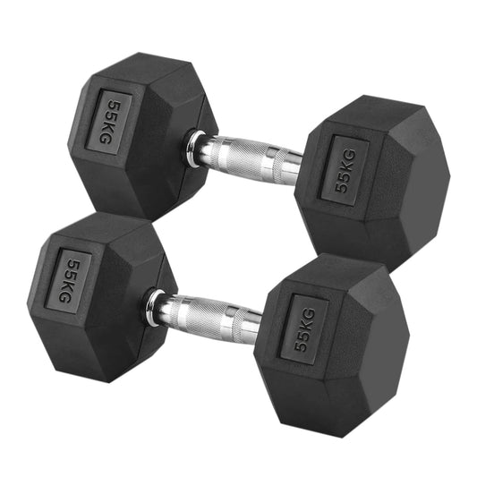 55kg Rubber Hex Dumbbells with Knurled Chrome Steel Handles – Ultra-Heavy Weights for Advanced Strength Training, Muscle Growth & Home Gym Power Sessions