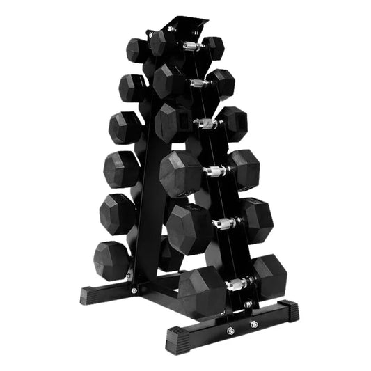 Complete Hex Dumbbell Set - 6 Pairs ( 2.5kg to 15kg) with A6 Tree Storage Rack - Premium Rubber Coated Weights for Home Gym - Commercial Quality Knurled Grip Dumbbells - Space-Saving Design
