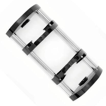 Clear cylindrical container with black accents on a white background