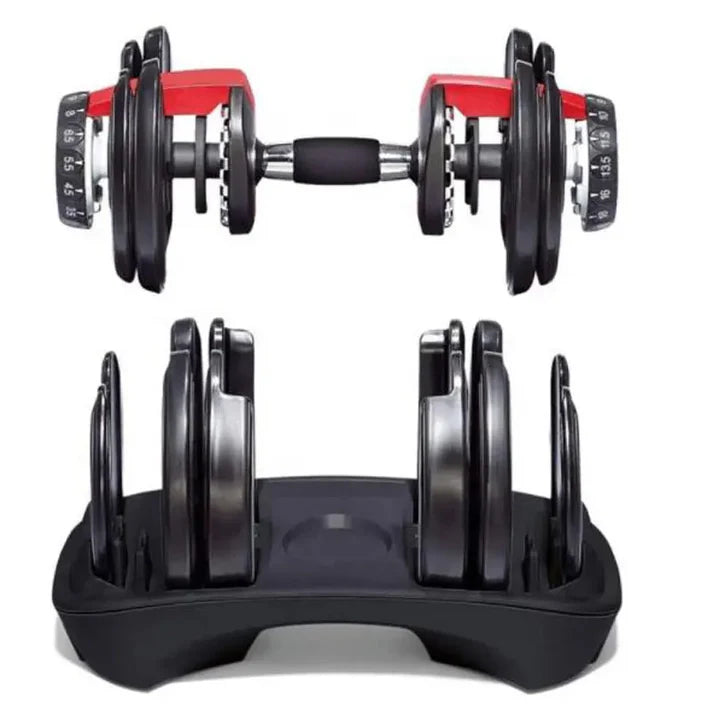 Pair of adjustable dumbbells with a black stand on a white background