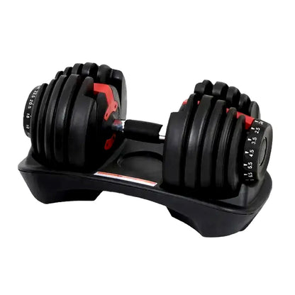 Pair of adjustable dumbbells on a white background