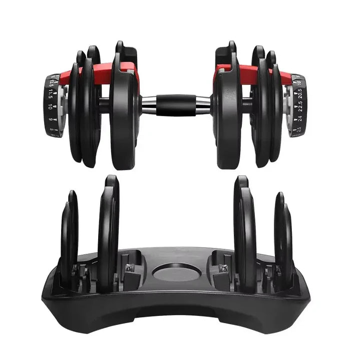 Pair of adjustable dumbbells with a black stand on a white background