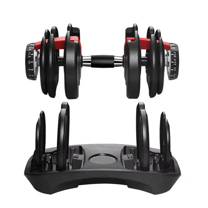 Pair of adjustable dumbbells with a black stand on a white background