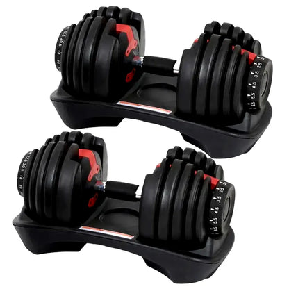 Pair of adjustable dumbbells on a white background