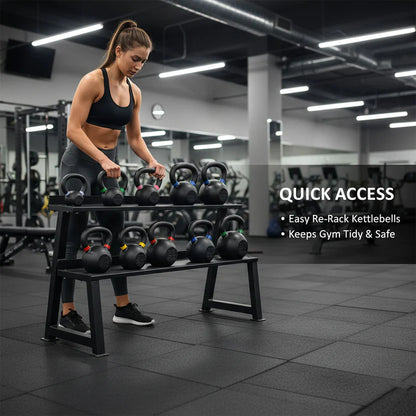 Woman using a quick access kettlebell rack in a gym setting