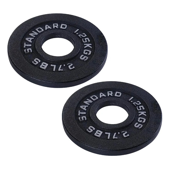 Two black weight plates labeled 'Standard 1.25KGS' on a white background