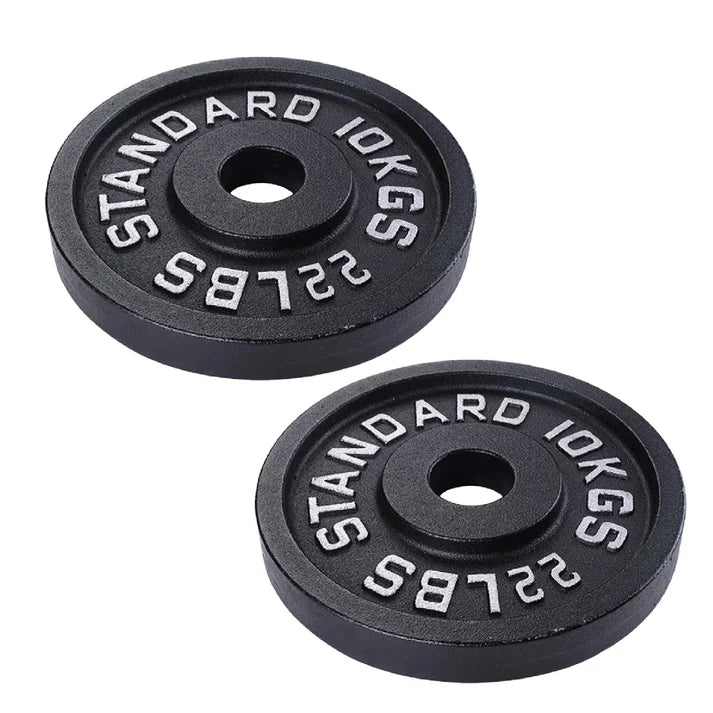 Two black weight plates with 'STANDARD 10KGS' and '22LBS' text on a white background