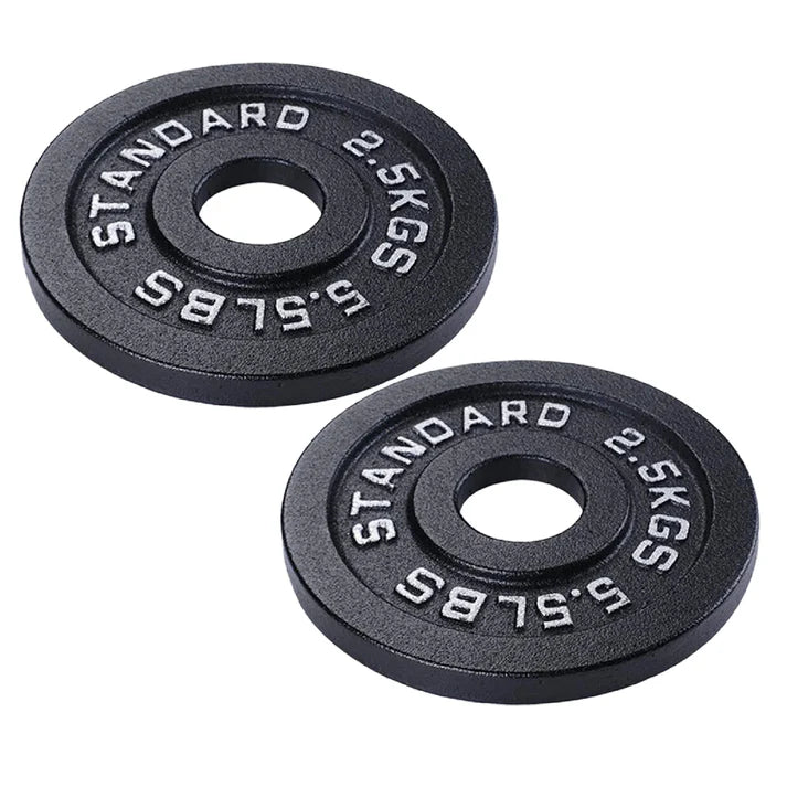 Two black weight plates with 'Standard 2.5KGS 5.5LBS' marking on a white background