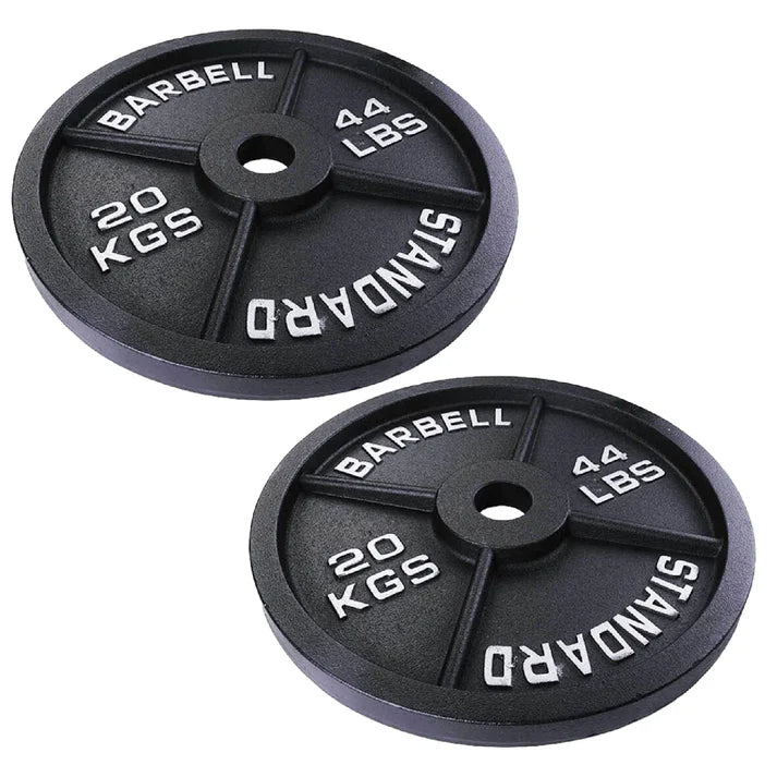 Two black barbell weight plates with measurement labels on a white background