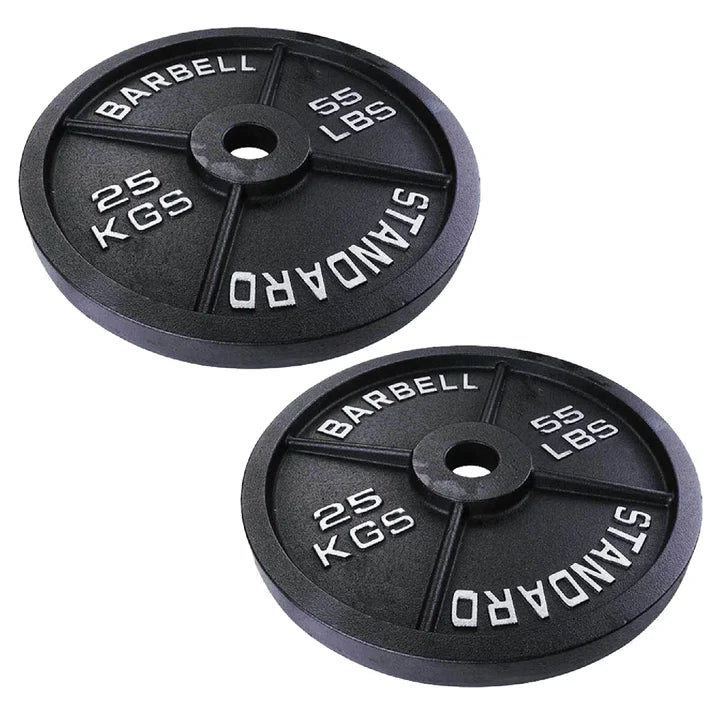 Two black weight plates with measurement markings on a white background