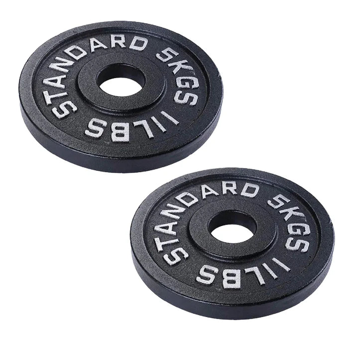Two black weight plates with 'STANDARD SKGS IIBS' text on a white background