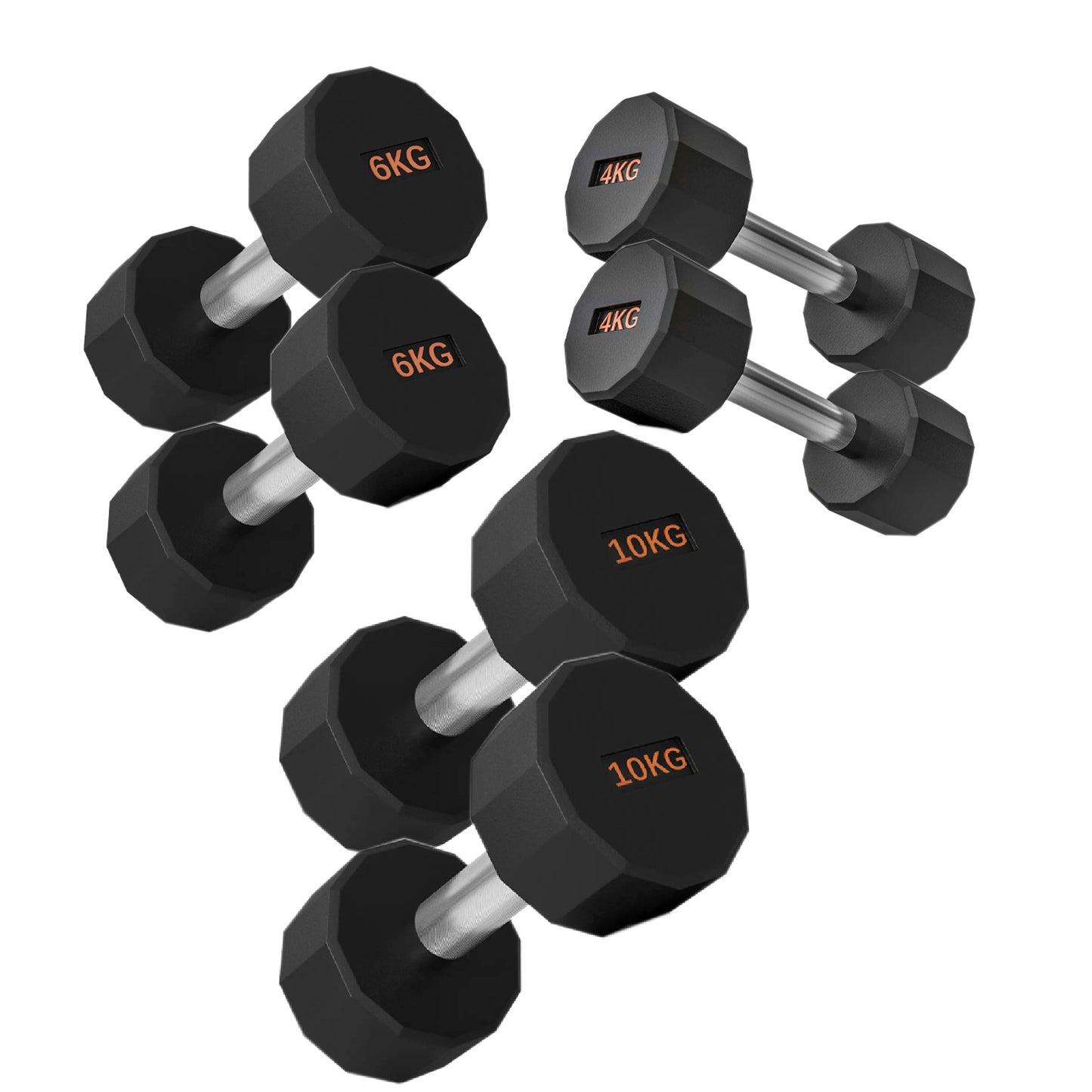 Round Hex Dumbbells with Anti-Roll Design - Premium Rubber-Coated Heads and Knurled Grip Handles - Available as Singles, Pairs or Complete Sets with Optional Storage Rack - Professional Gym Quality