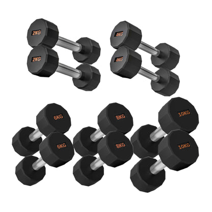 Round Hex Dumbbells with Anti-Roll Design - Premium Rubber-Coated Heads and Knurled Grip Handles - Available as Singles, Pairs or Complete Sets with Optional Storage Rack - Professional Gym Quality