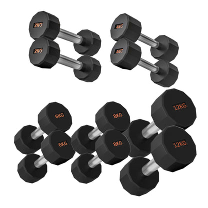 Round Hex Dumbbells with Anti-Roll Design - Premium Rubber-Coated Heads and Knurled Grip Handles - Available as Singles, Pairs or Complete Sets with Optional Storage Rack - Professional Gym Quality