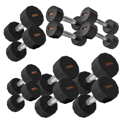 Round Hex Dumbbells with Anti-Roll Design - Premium Rubber-Coated Heads and Knurled Grip Handles - Available as Singles, Pairs or Complete Sets with Optional Storage Rack - Professional Gym Quality