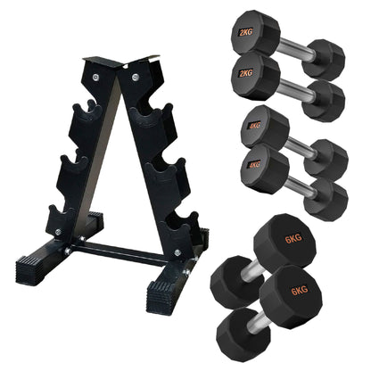 Round Hex Dumbbells with Anti-Roll Design - Premium Rubber-Coated Heads and Knurled Grip Handles - Available as Singles, Pairs or Complete Sets with Optional Storage Rack - Professional Gym Quality