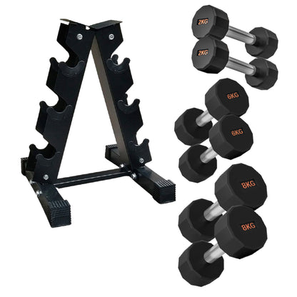 Round Hex Dumbbells with Anti-Roll Design - Premium Rubber-Coated Heads and Knurled Grip Handles - Available as Singles, Pairs or Complete Sets with Optional Storage Rack - Professional Gym Quality