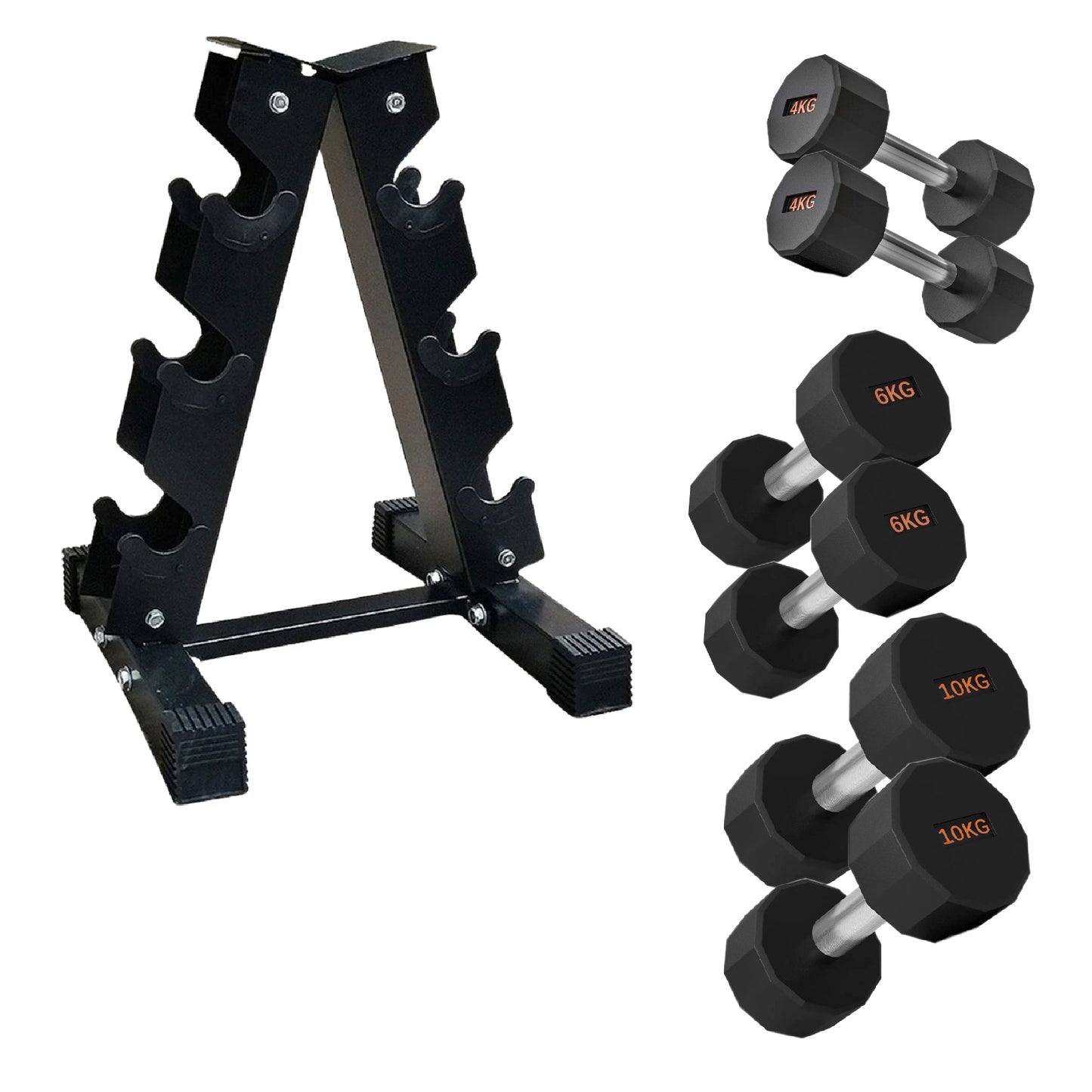 Round Hex Dumbbells with Anti-Roll Design - Premium Rubber-Coated Heads and Knurled Grip Handles - Available as Singles, Pairs or Complete Sets with Optional Storage Rack - Professional Gym Quality