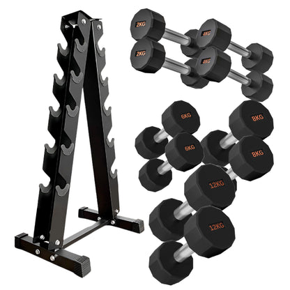 Round Hex Dumbbells with Anti-Roll Design - Premium Rubber-Coated Heads and Knurled Grip Handles - Available as Singles, Pairs or Complete Sets with Optional Storage Rack - Professional Gym Quality