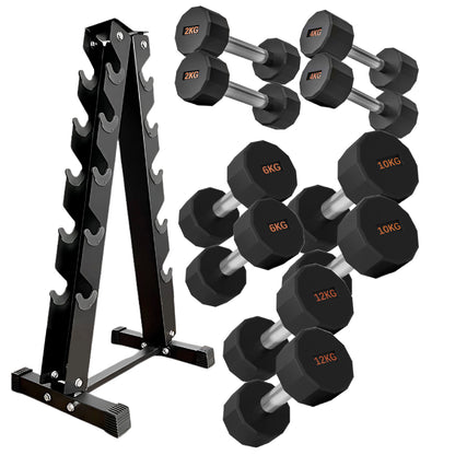 Round Hex Dumbbells with Anti-Roll Design - Premium Rubber-Coated Heads and Knurled Grip Handles - Available as Singles, Pairs or Complete Sets with Optional Storage Rack - Professional Gym Quality
