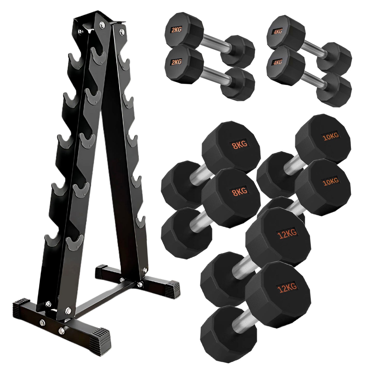 Round Hex Dumbbells with Anti-Roll Design - Premium Rubber-Coated Heads and Knurled Grip Handles - Available as Singles, Pairs or Complete Sets with Optional Storage Rack - Professional Gym Quality