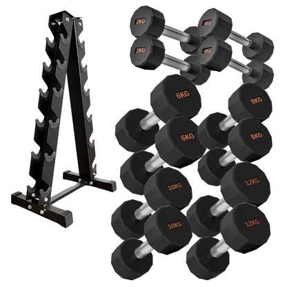 Round Hex Dumbbells with Anti-Roll Design - Premium Rubber-Coated Heads and Knurled Grip Handles - Available as Singles, Pairs or Complete Sets with Optional Storage Rack - Professional Gym Quality