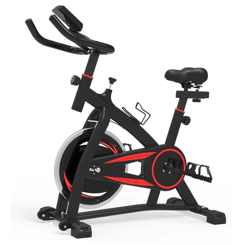 Black and red exercise bike on a white background