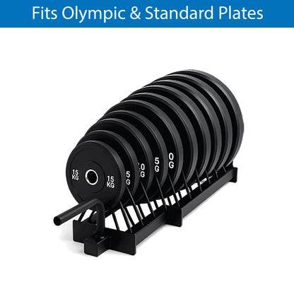 Set of weight plates with a holder on a white background, labeled 'Fits Olympic & Standard Plates'.