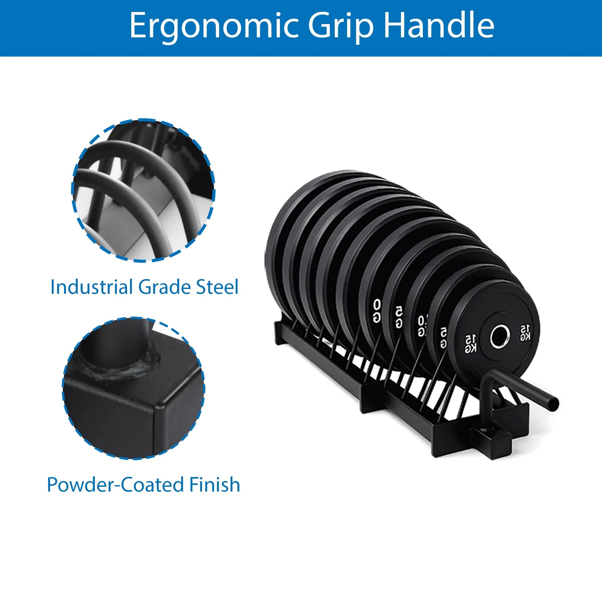 Black weight plate set with ergonomic grip handle on a white background