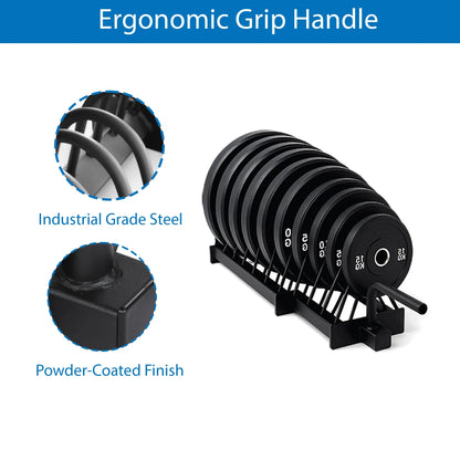 Black weight plate set with ergonomic grip handle on a white background
