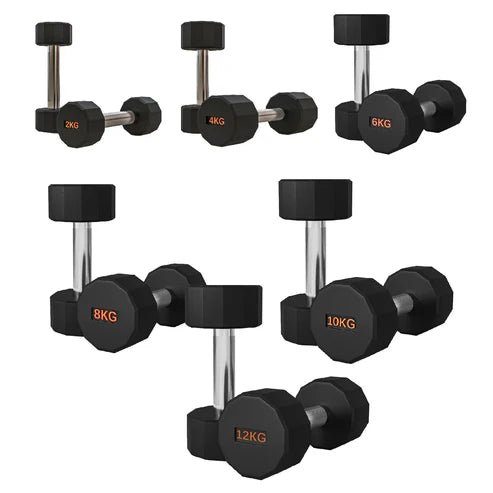 Set of black dumbbells with weight markings on a white background