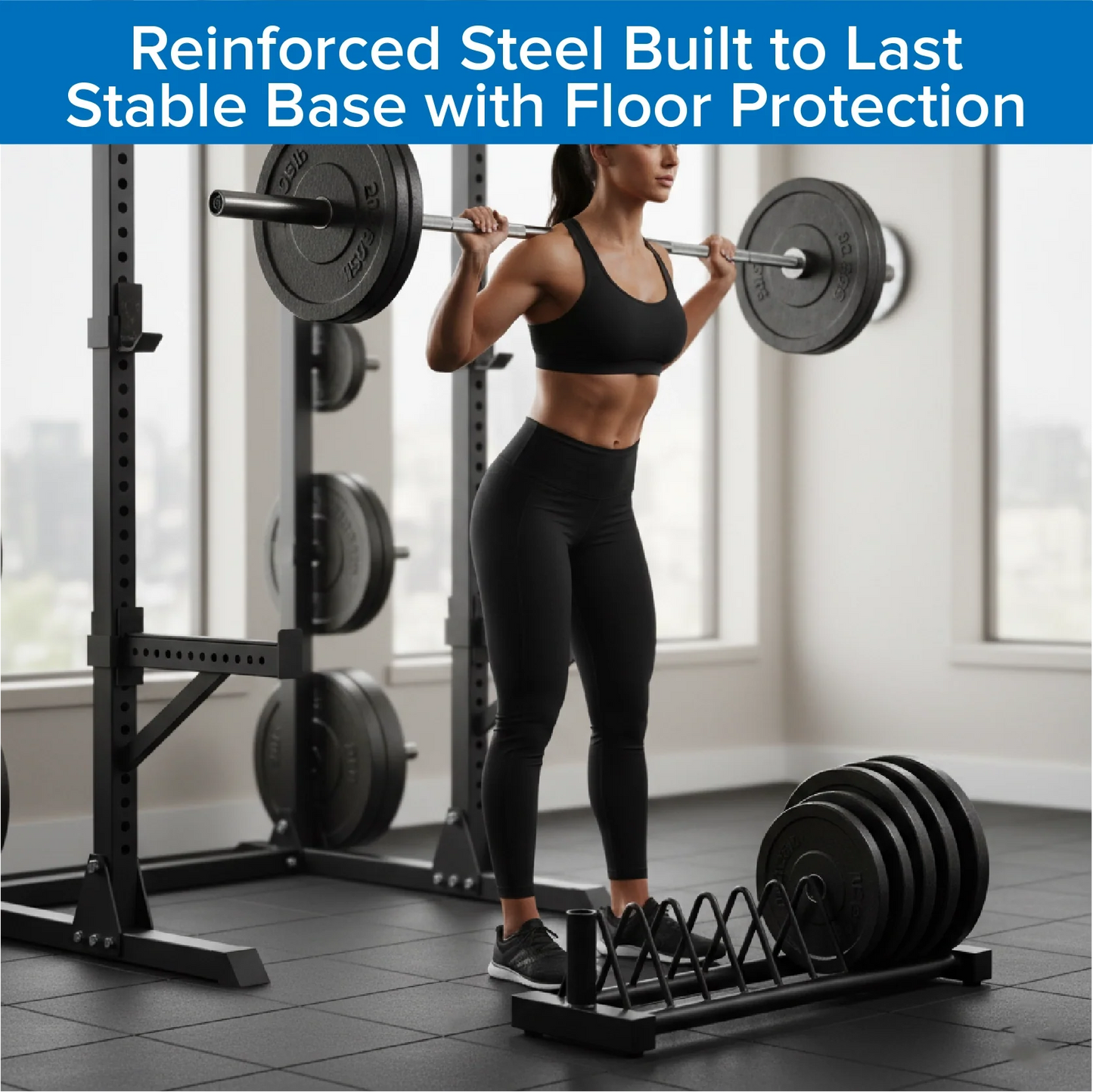 Woman lifting weights in a gym with text about reinforced steel and stable base.