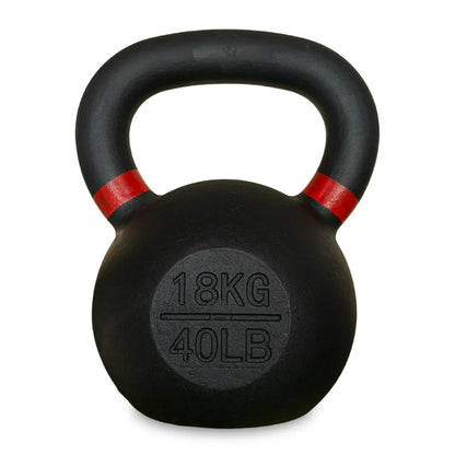 Black kettlebell with red accents on a white background