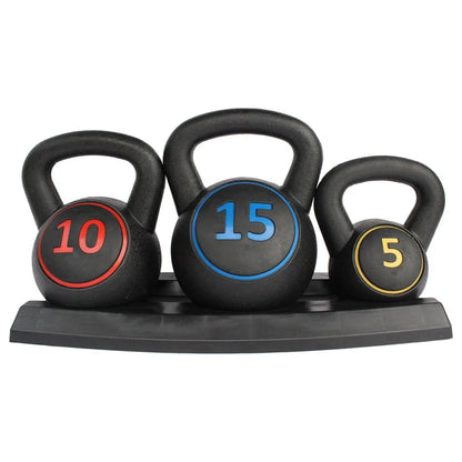 Set of three black kettlebells with numbered color-coded labels on a white background