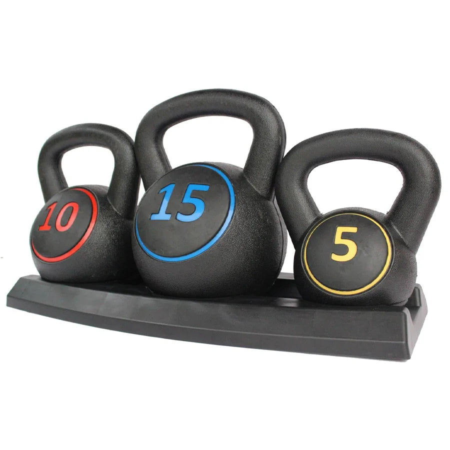 Set of three black kettlebells with weight markings on a white background