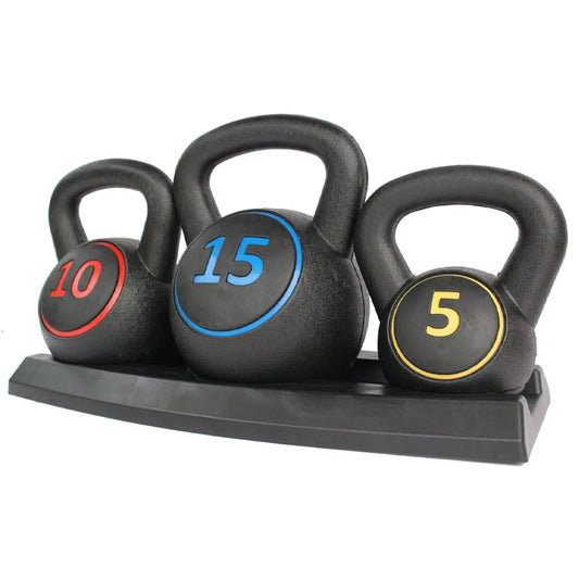 Set of three black kettlebells with weight markings on a white background