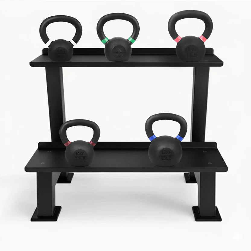 Three black kettlebells of different weights with rack on a light gray background