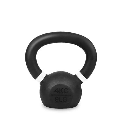 Black kettlebell with white accents on a white background