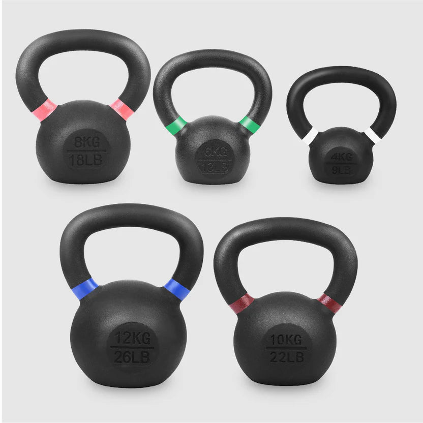 Three black kettlebells of different weights on a light gray background