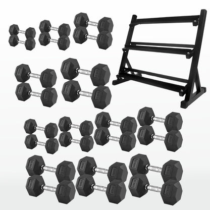 Premium Rubber-Coated Hex Dumbbells: Singles, Pairs & Complete Weight Sets from 2.5kg to 60kg - Anti-Roll Design with Ergonomic Metal Handles for Home Gym, Strength Training & Professional Bodybuilding