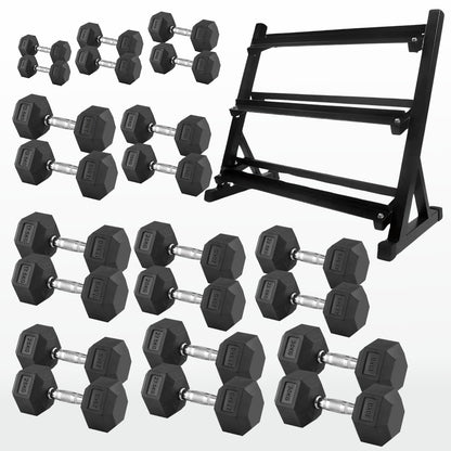 Premium Rubber-Coated Hex Dumbbells: Singles, Pairs & Complete Weight Sets from 2.5kg to 60kg - Anti-Roll Design with Ergonomic Metal Handles for Home Gym, Strength Training & Professional Bodybuilding