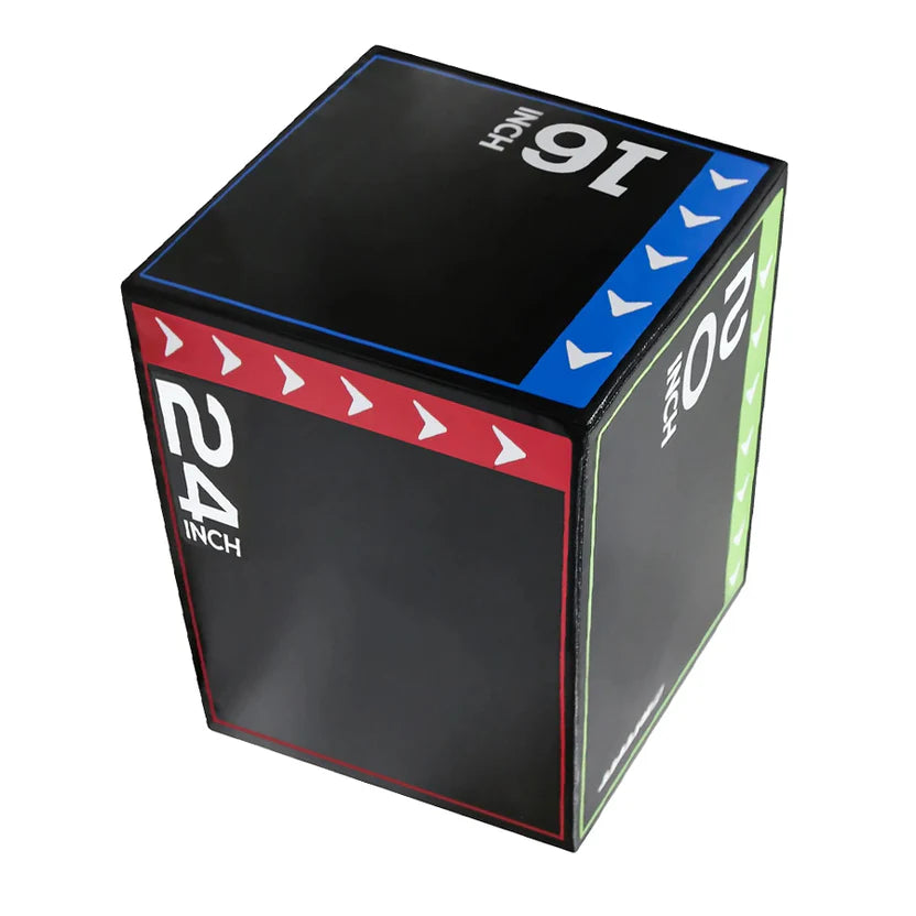 Black exercise box with size markings on a white background