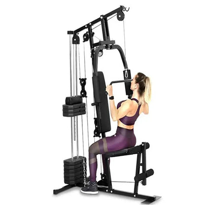 Woman using a home gym machine on a white background