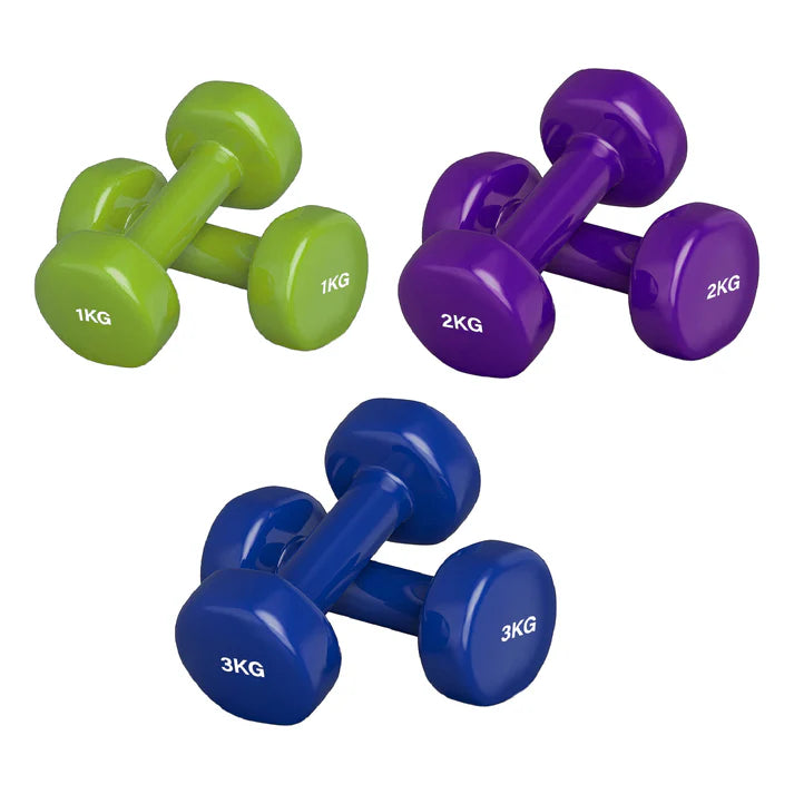 Set of green, purple, and blue dumbbells with weight markings on a white background