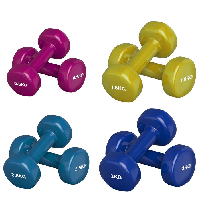 Set of colorful dumbbells with weight markings on a white background