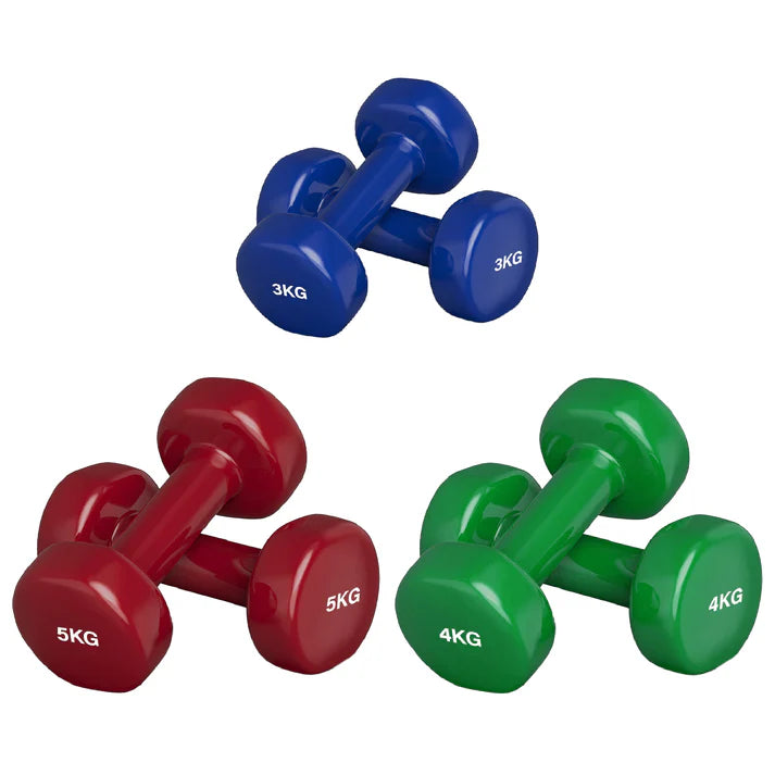 Set of blue, red, and green dumbbells with weight markings on a white background