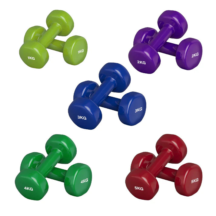 Set of colorful dumbbells with weight markings on a white background