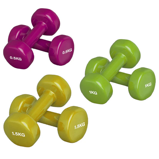 Set of colorful dumbbells with weight markings on a white background