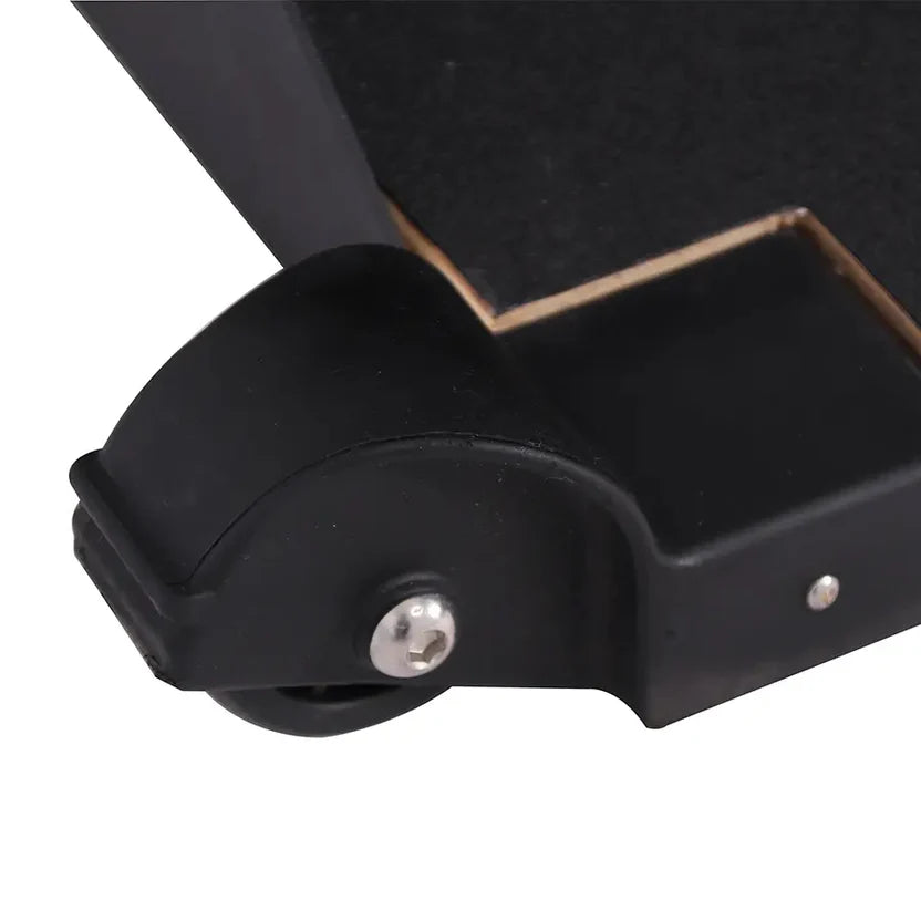 Close-up of a black metal bracket with screws on a white background