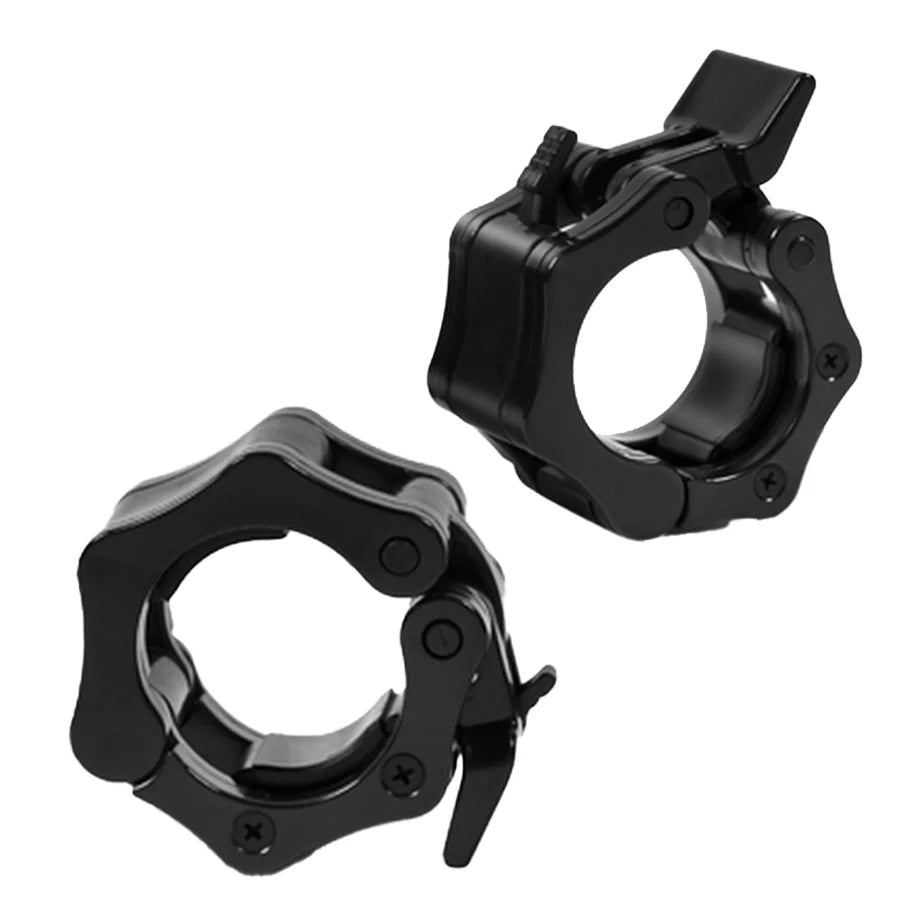 Two black metal clamps on a white background